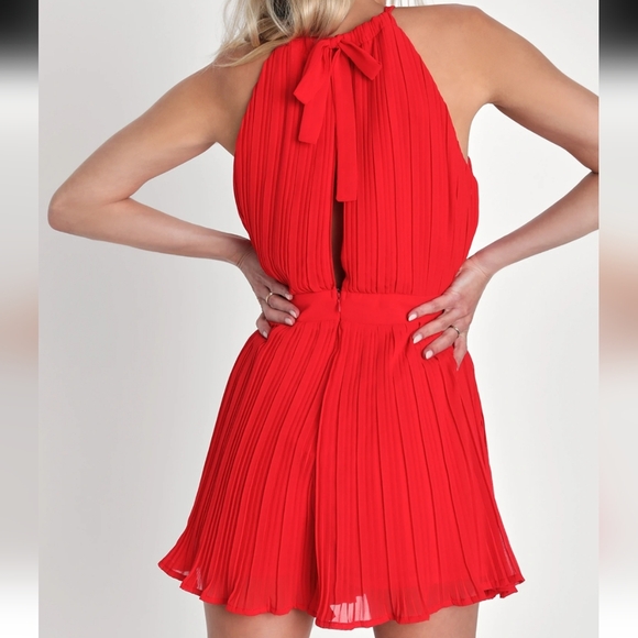 Lulu's Red Pleated Faux Wrap Tie-Side Skort Romper - Picture 3 of 6
